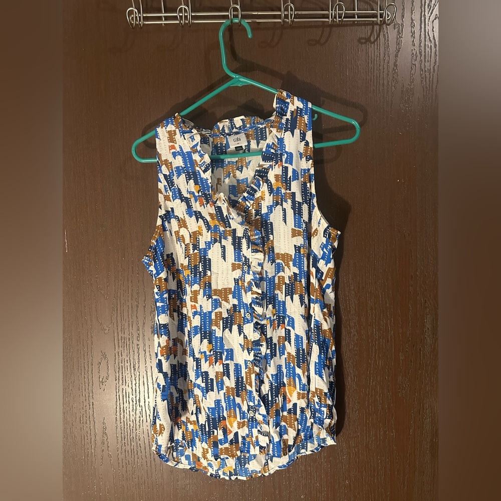 CAbi Women's Sleeveless Top - Blue, Brown, and White Pattern